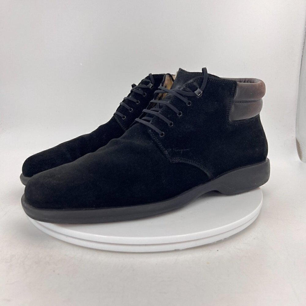 Salvatore Ferragamo Men Size 10D Black Suede Brown Leather Lace Up Ankle Boot